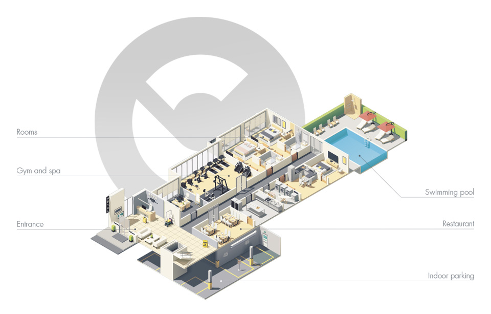Map of the environments of a hotel in the HoReCa sector