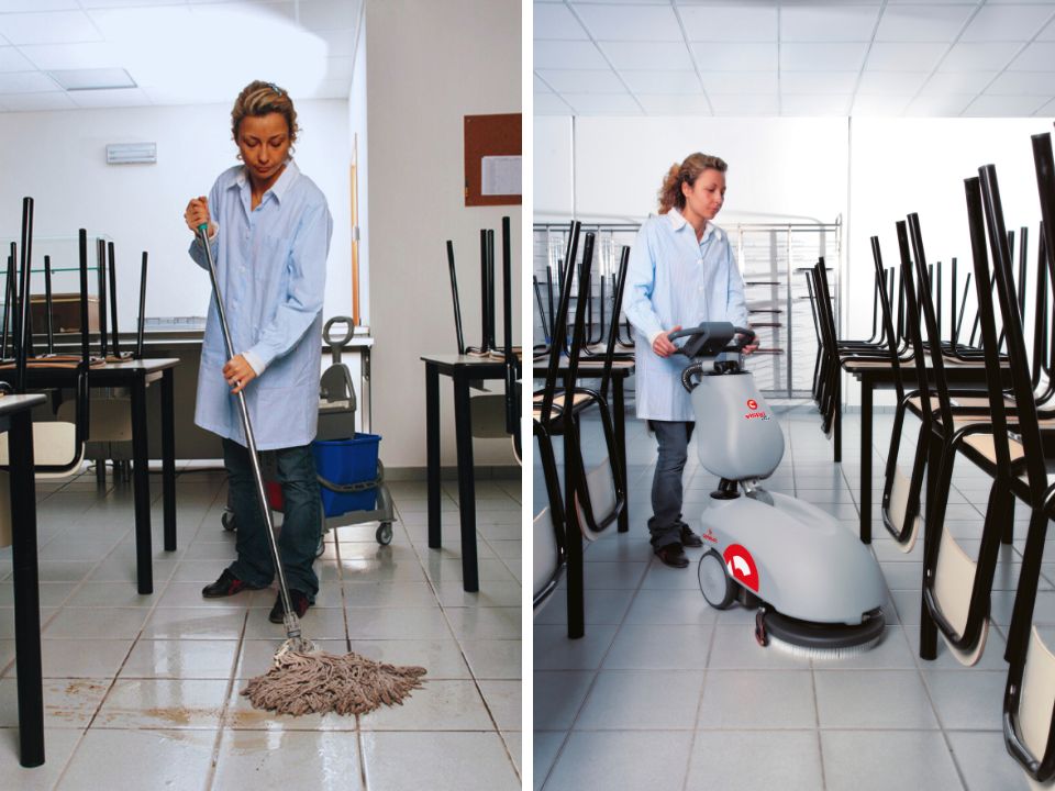 Professional grout cleaning with a floor scrubbber