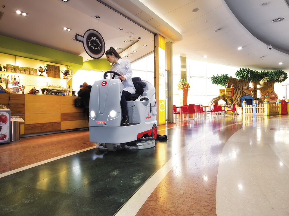 Shopping malls cleaning with a Comac Optima floor scrubber