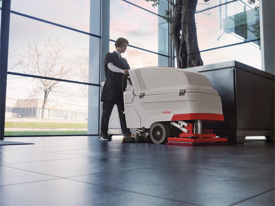 Vega orbital floor scrubber for cleaning an entrance to a shopping centre