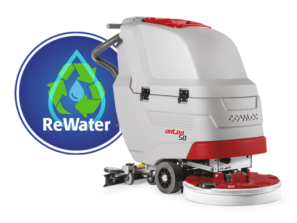 Comac Antea floor scrubber equipped with ReWater water recycling system