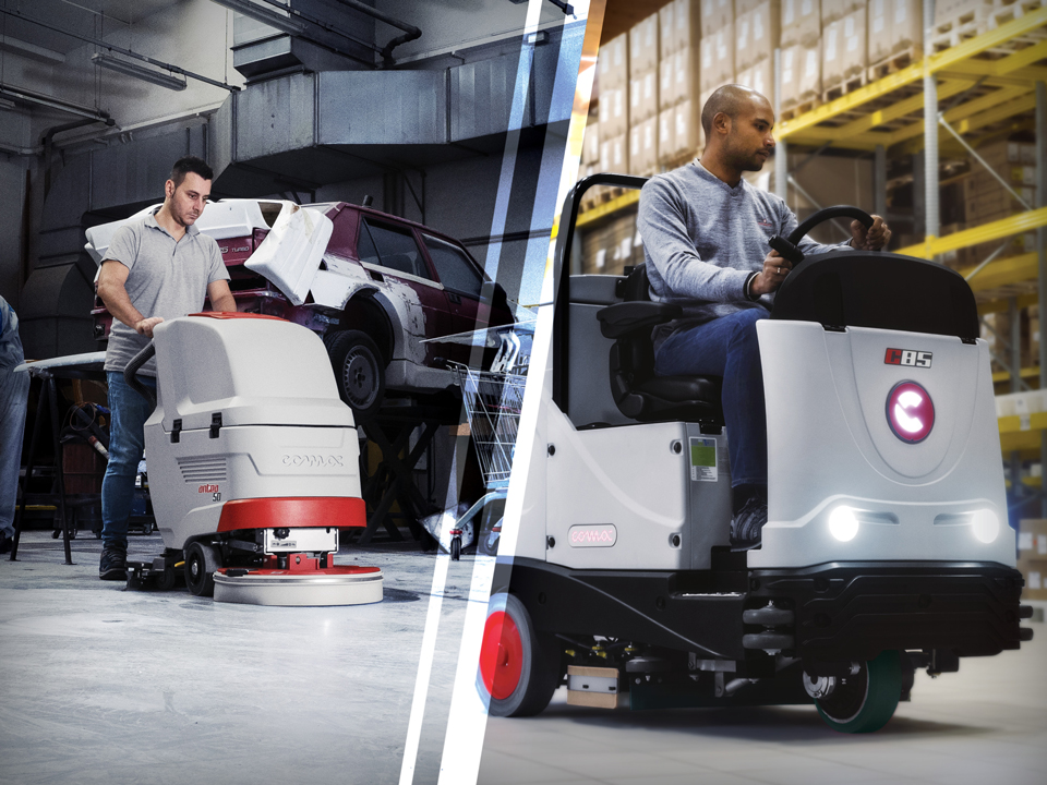 Lavasciuga pavimenti uomo a terra Antea e uomo a bordo C85