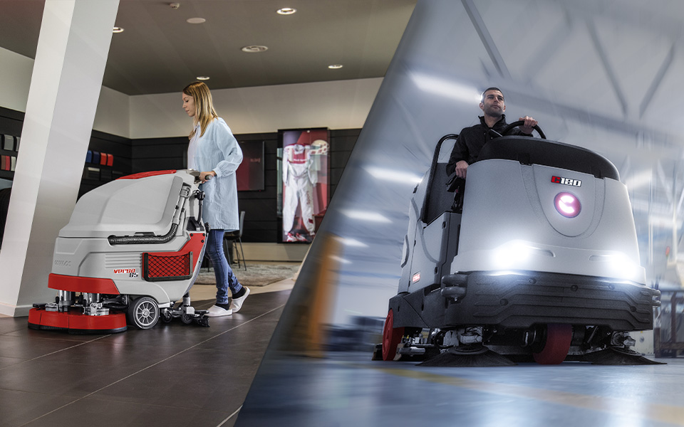 Lavapavimenti uomo a terra Antea e lavapavimenti uomo a bordo C120