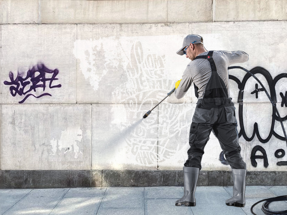 Rimozione graffiti con idropulitrice oltre 160 bar su superficie in cemento